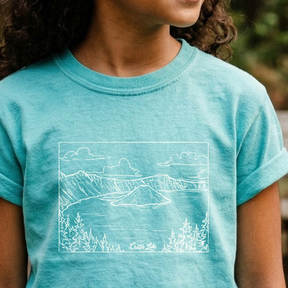 Crater Lake Line Drawing Kids Cotton T-Shirt
