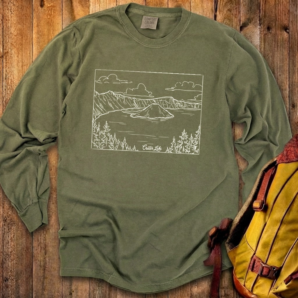 Crater Lake Line Drawing Cotton Long Sleeve