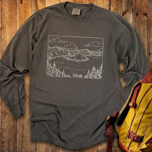 Crater Lake Line Drawing Cotton Long Sleeve
