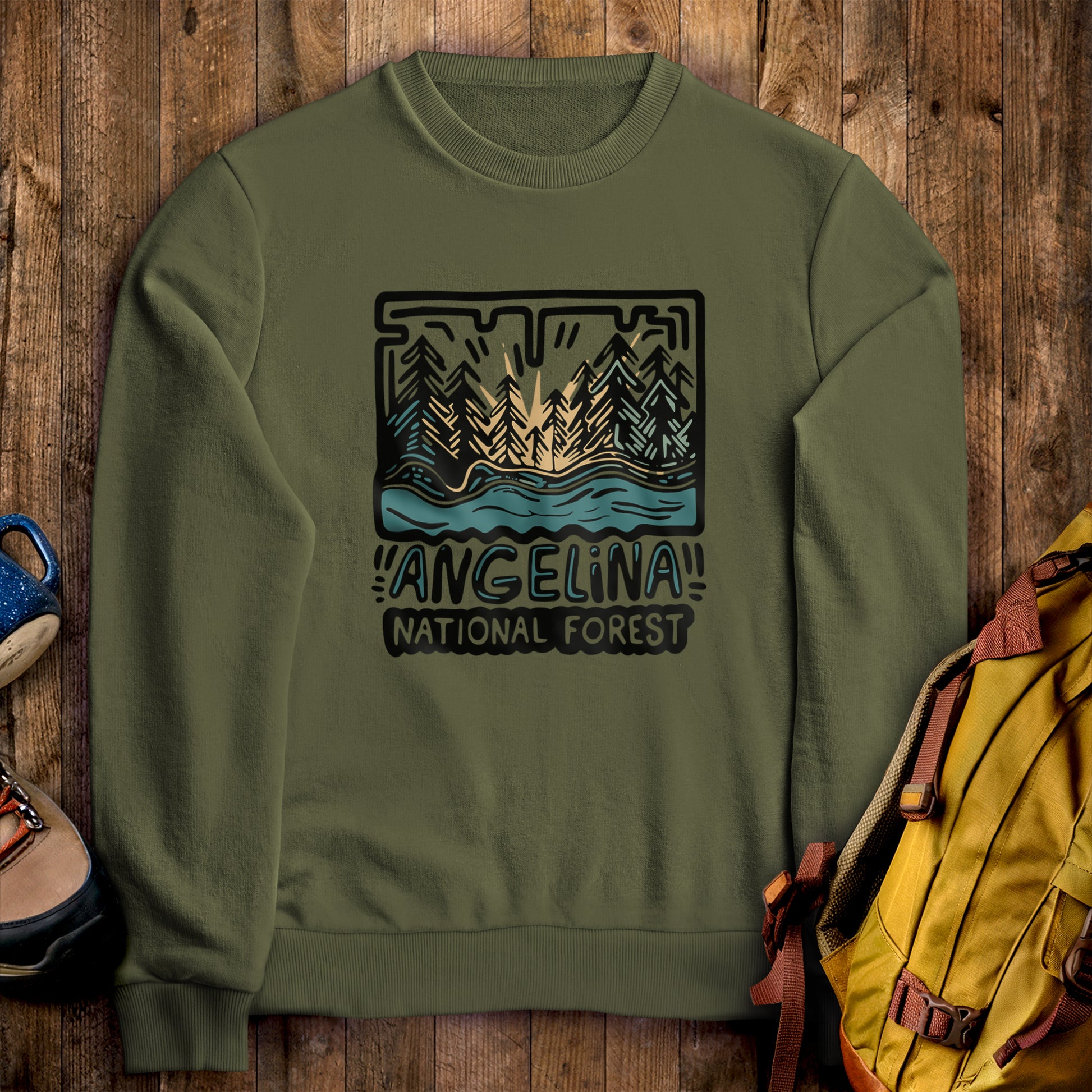 Angelina National Forest Crewneck Sweatshirt Military Green Adventure and Outdoors Themed Sweatshirt