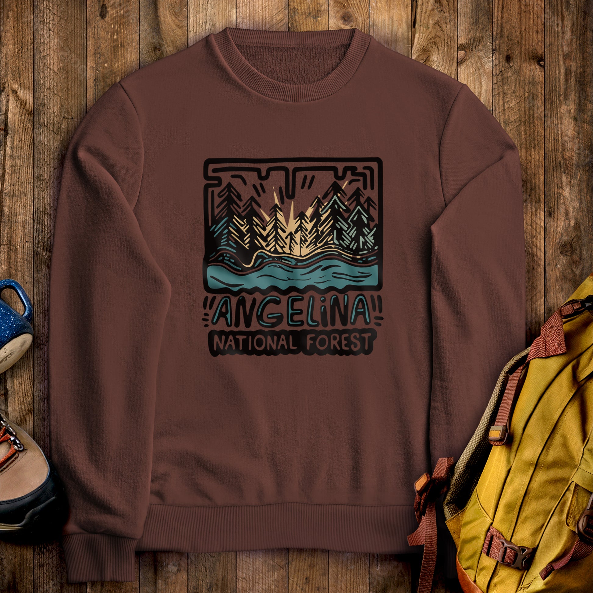 Angelina National Forest Crewneck Sweatshirt Cocoa Adventure and Outdoors Themed Sweatshirt
