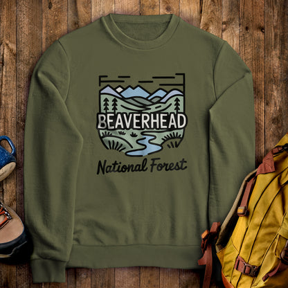 Beaverhead National Forest Crewneck Sweatshirt Military Green Adventure and Outdoors Themed Sweatshirt