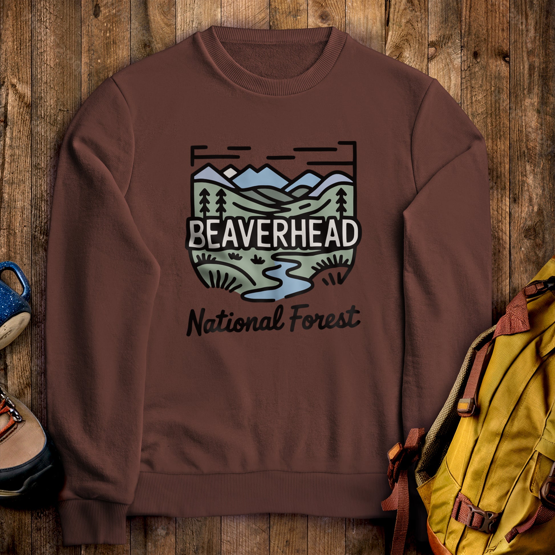 Beaverhead National Forest Crewneck Sweatshirt Cocoa Adventure and Outdoors Themed Sweatshirt