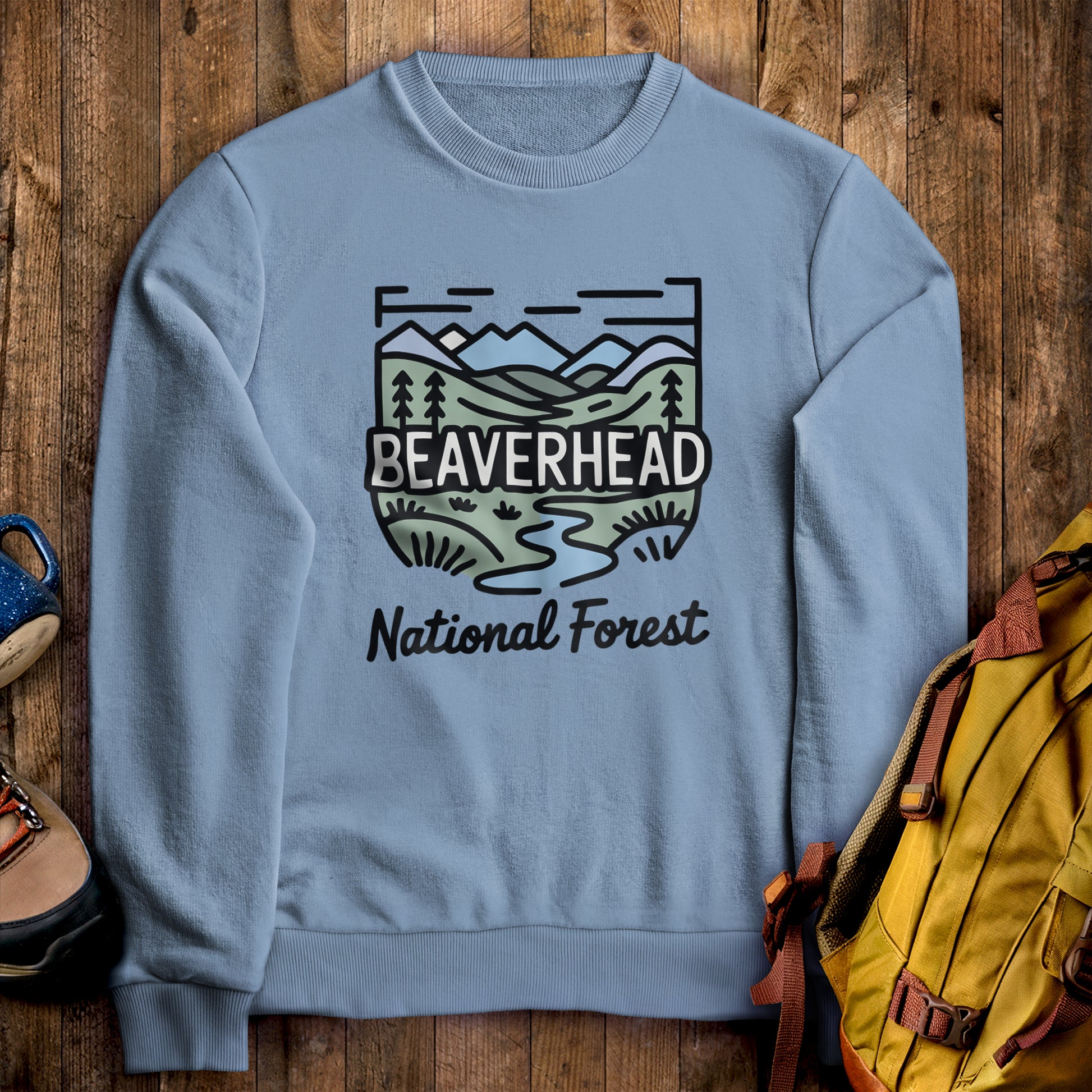 Beaverhead National Forest Crewneck Sweatshirt Stone Blue Adventure and Outdoors Themed Sweatshirt