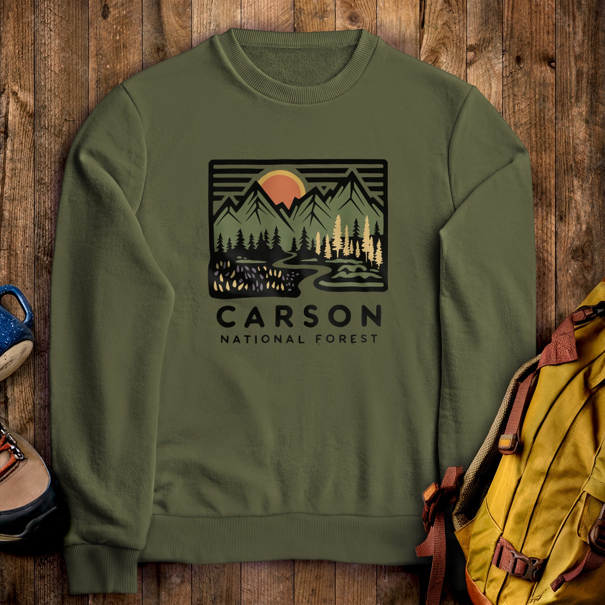 Carson National Forest Crewneck Sweatshirt Military Green Adventure and Outdoors Themed Sweatshirt