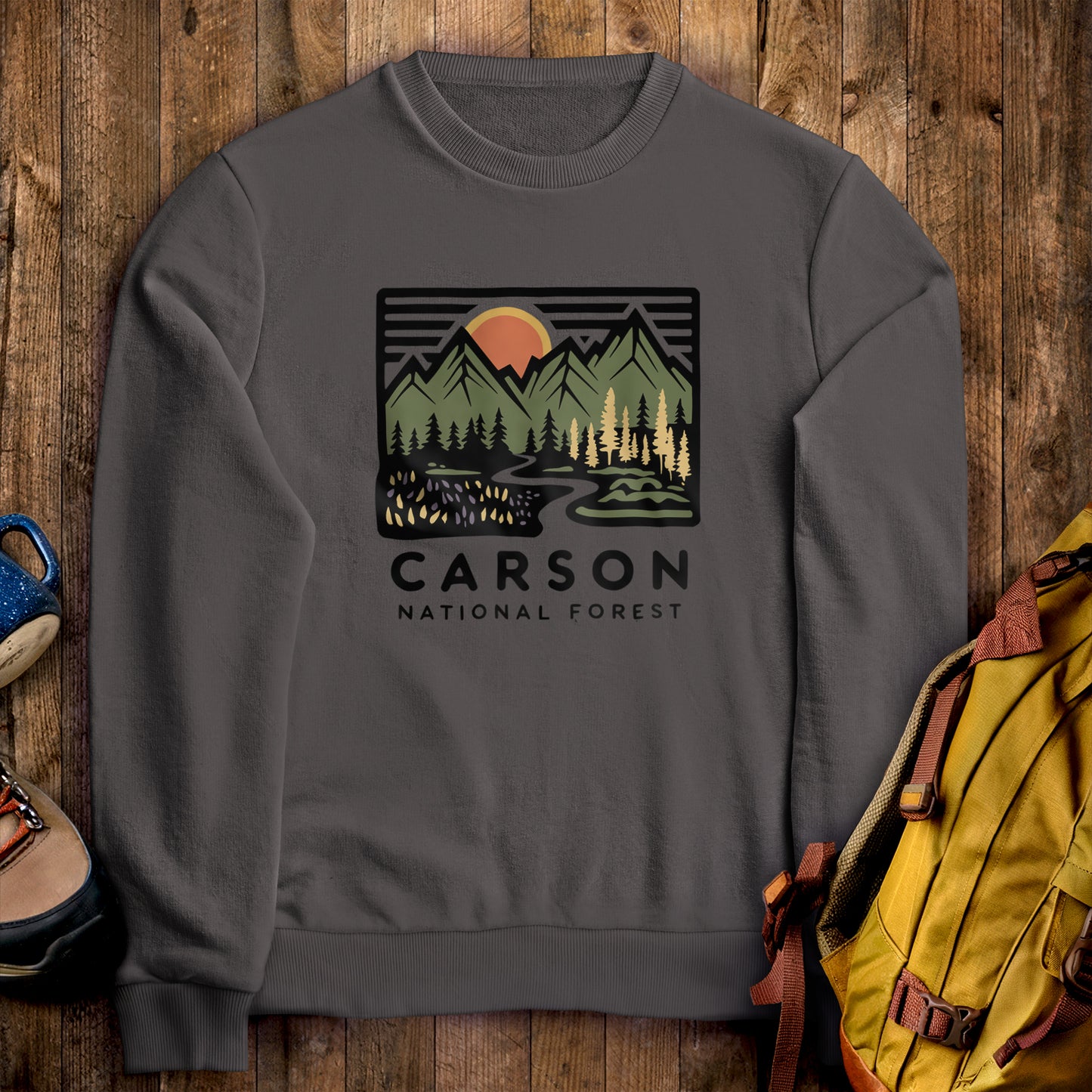 Carson National Forest Crewneck Sweatshirt Charcoal Adventure and Outdoors Themed Sweatshirt