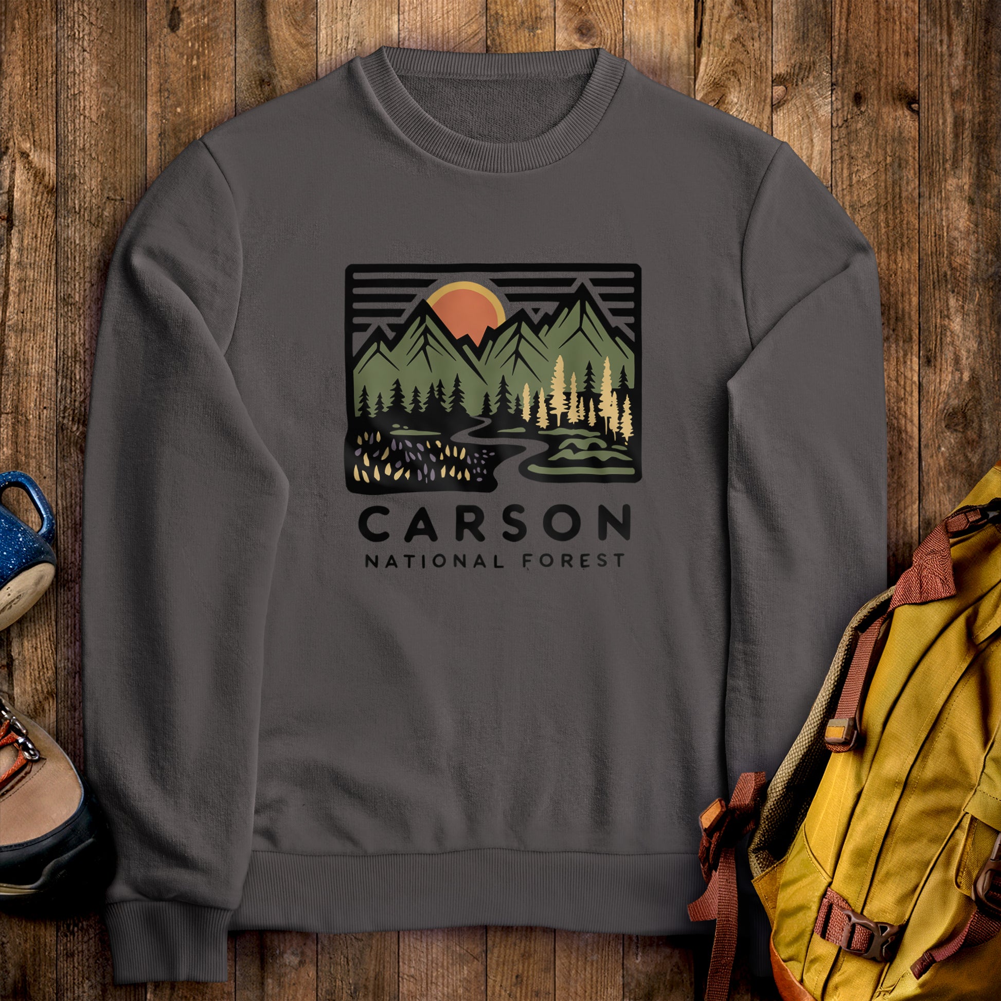 Carson National Forest Crewneck Sweatshirt Charcoal Adventure and Outdoors Themed Sweatshirt