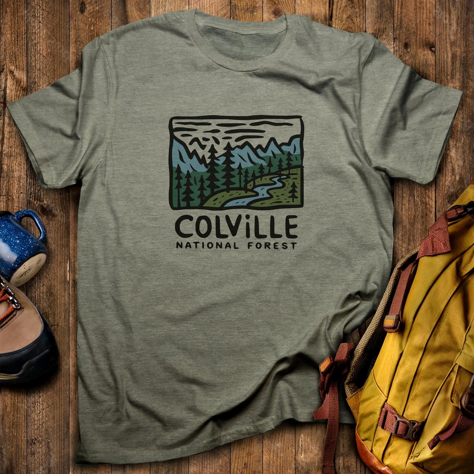 Colville National Forest T-Shirt Heather Military Green Adventure and Outdoors Themed T-Shirt
