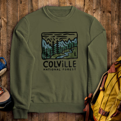 Colville National Forest Crewneck Sweatshirt Military Green Adventure and Outdoors Themed Sweatshirt