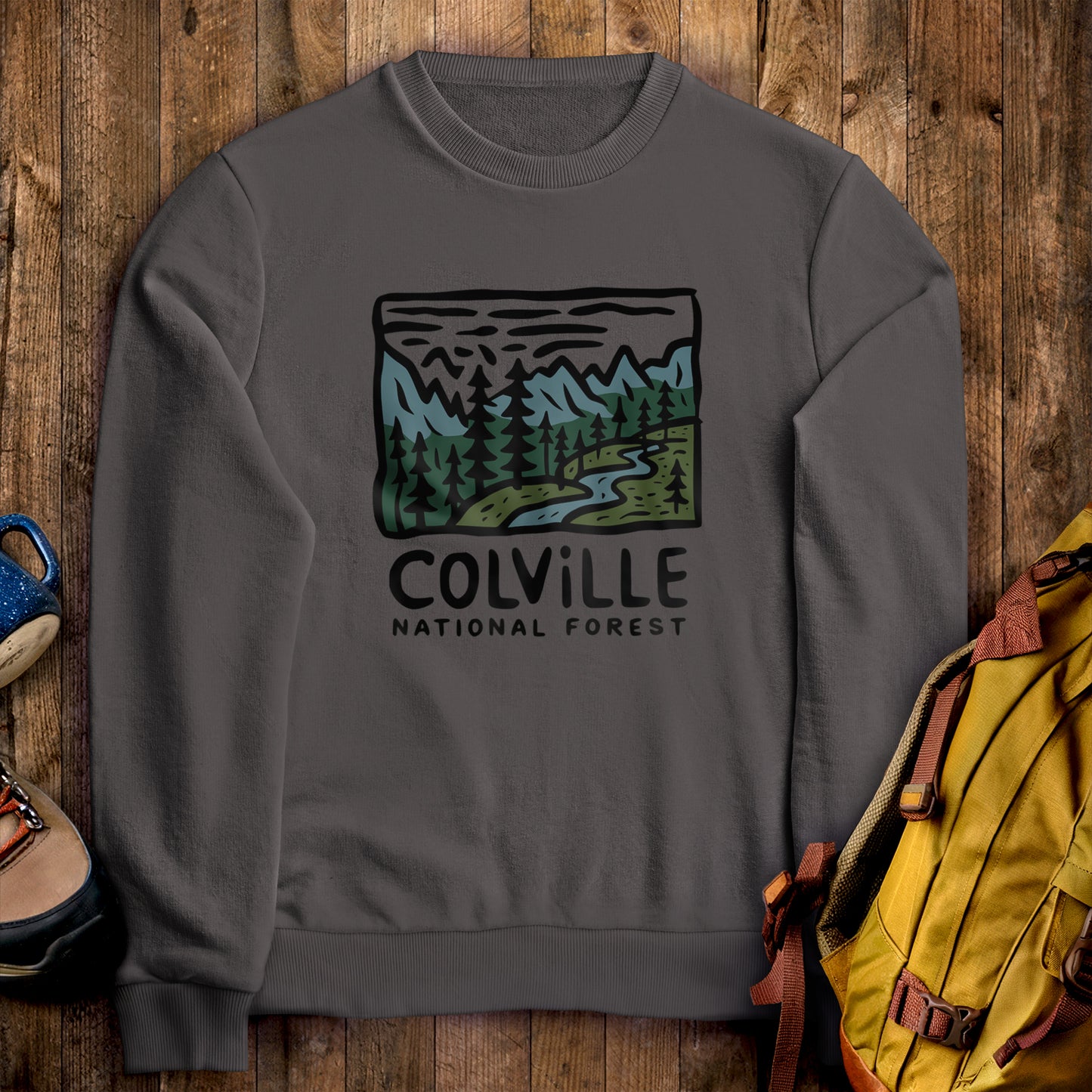 Colville National Forest Crewneck Sweatshirt Charcoal Adventure and Outdoors Themed Sweatshirt