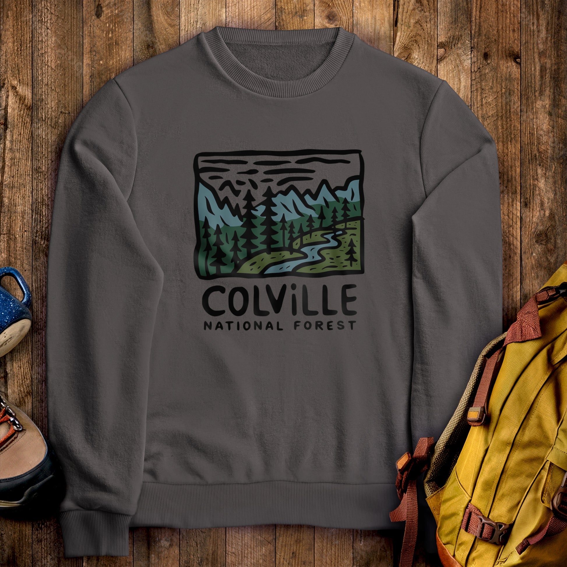 Colville National Forest Crewneck Sweatshirt Charcoal Adventure and Outdoors Themed Sweatshirt