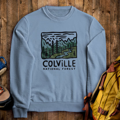 Colville National Forest Crewneck Sweatshirt Stone Blue Adventure and Outdoors Themed Sweatshirt