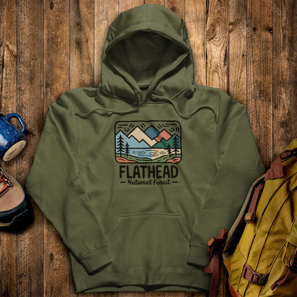 Flathead National Forest Hoodie Military Green Adventure and Outdoors Themed Hoodie