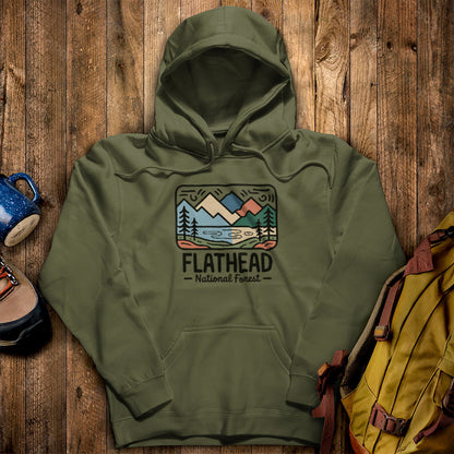Flathead National Forest Hoodie Military Green Adventure and Outdoors Themed Hoodie