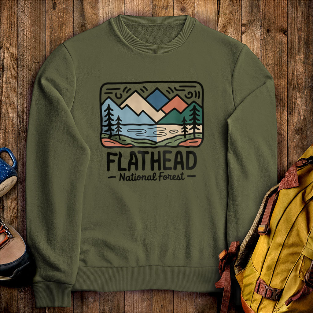 Flathead National Forest Crewneck Sweatshirt Military Green Adventure and Outdoors Themed Sweatshirt