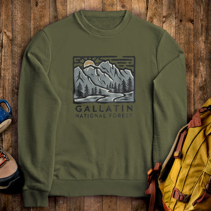 Gallatin National Forest Crewneck Sweatshirt Military Green Adventure and Outdoors Themed Sweatshirt