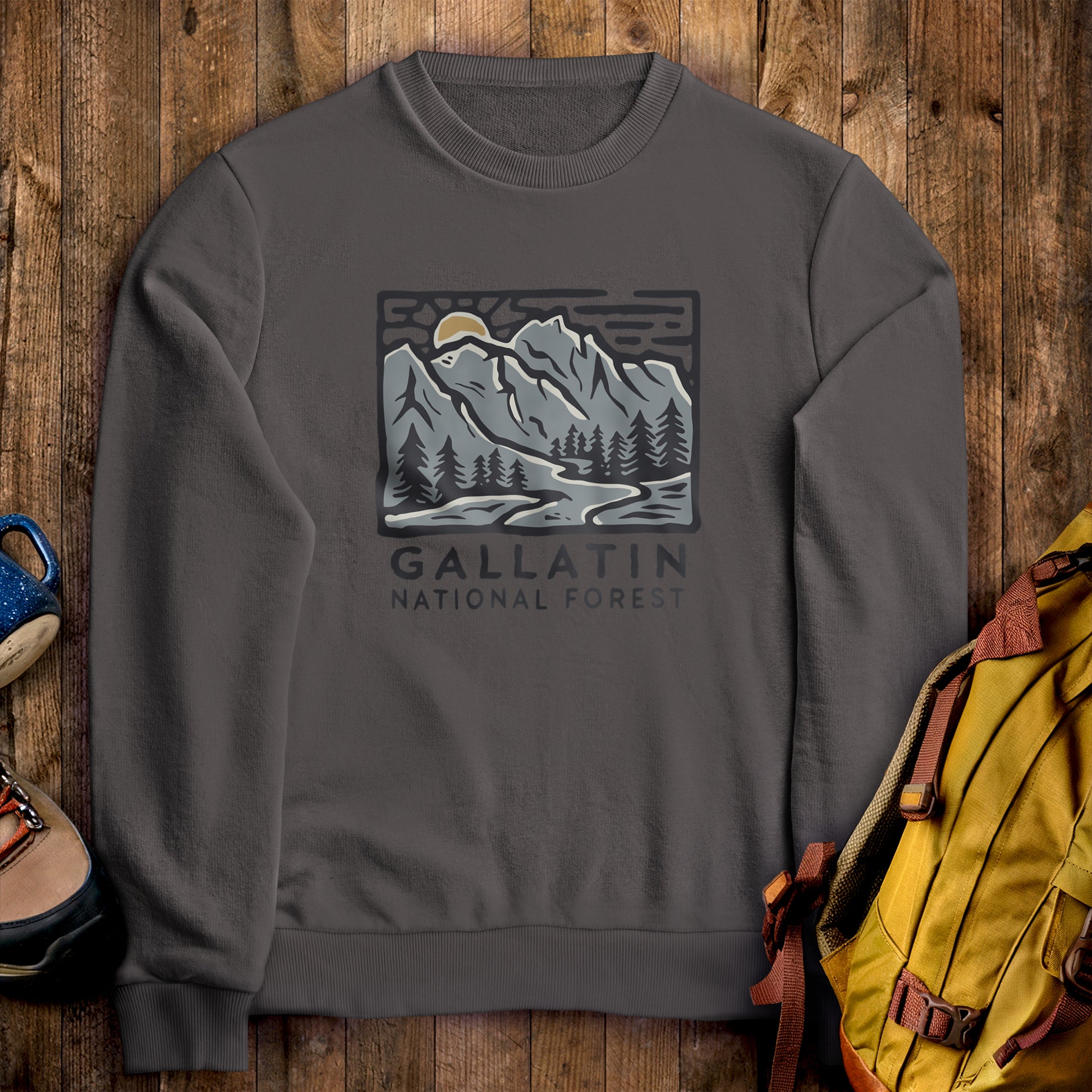 Gallatin National Forest Crewneck Sweatshirt Charcoal Adventure and Outdoors Themed Sweatshirt
