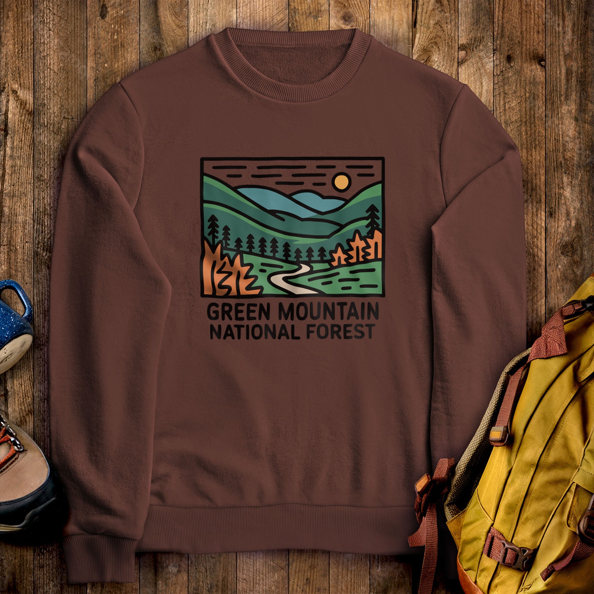 Green Mountain National Forest Crewneck Sweatshirt Cocoa Adventure and Outdoors Themed Sweatshirt