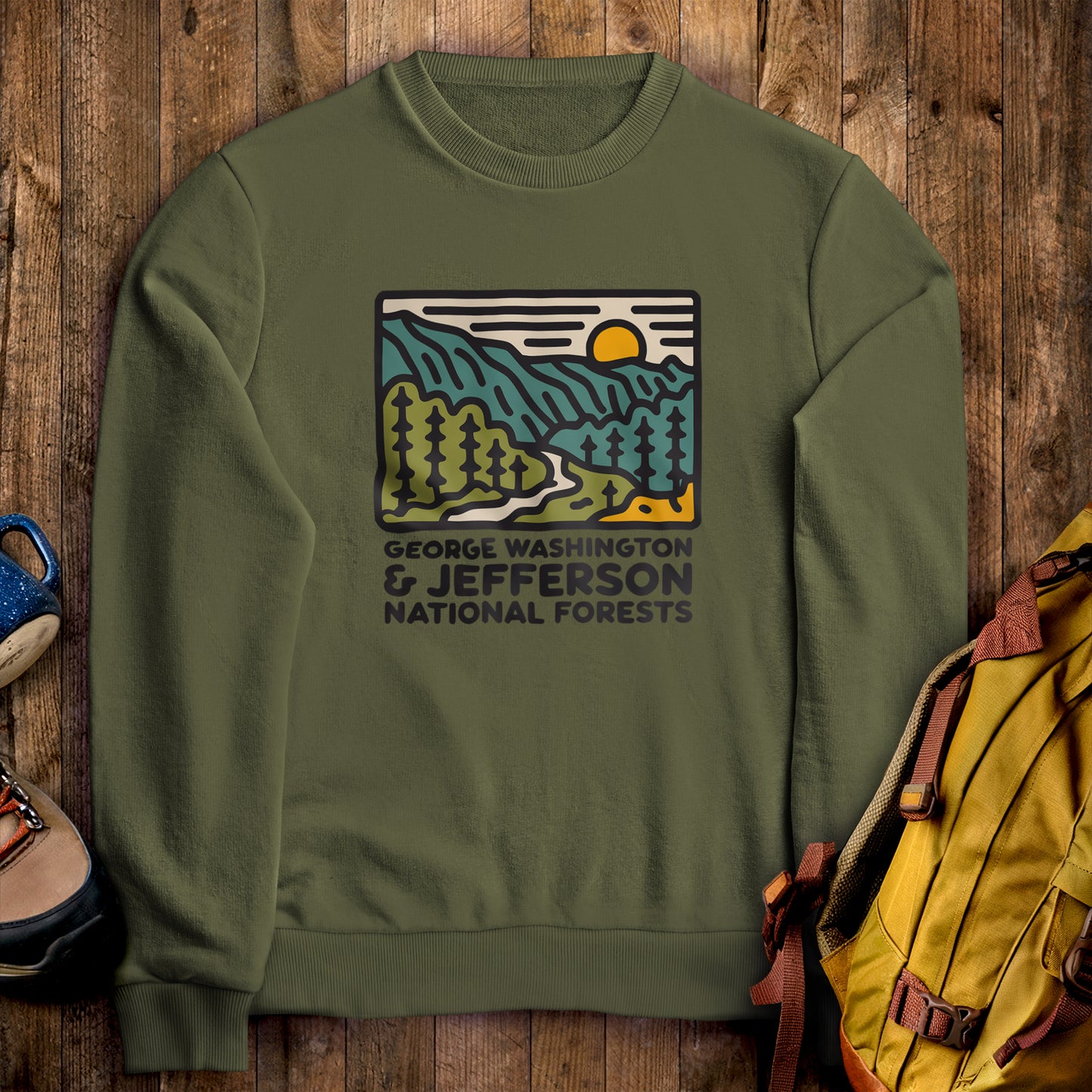 George Washington and Jefferson National Forests Crewneck Sweatshirt Military Green Adventure and Outdoors Themed Sweatshirt