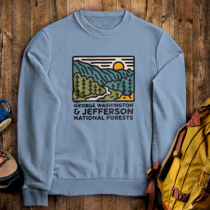 George Washington and Jefferson National Forests Crewneck Sweatshirt Stone Blue Adventure and Outdoors Themed Sweatshirt