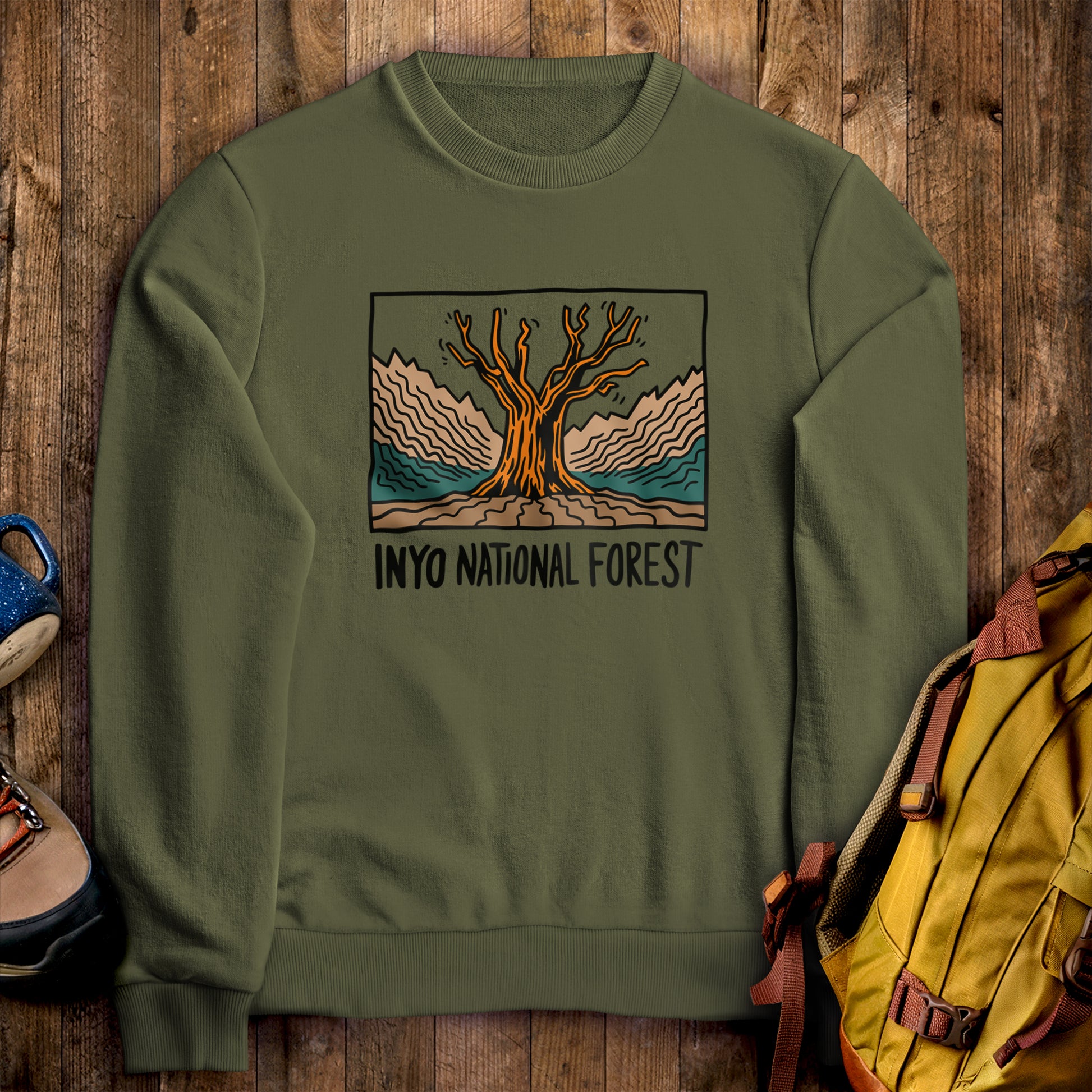 Inyo National Forest Crewneck Sweatshirt Military Green Adventure and Outdoors Themed Sweatshirt