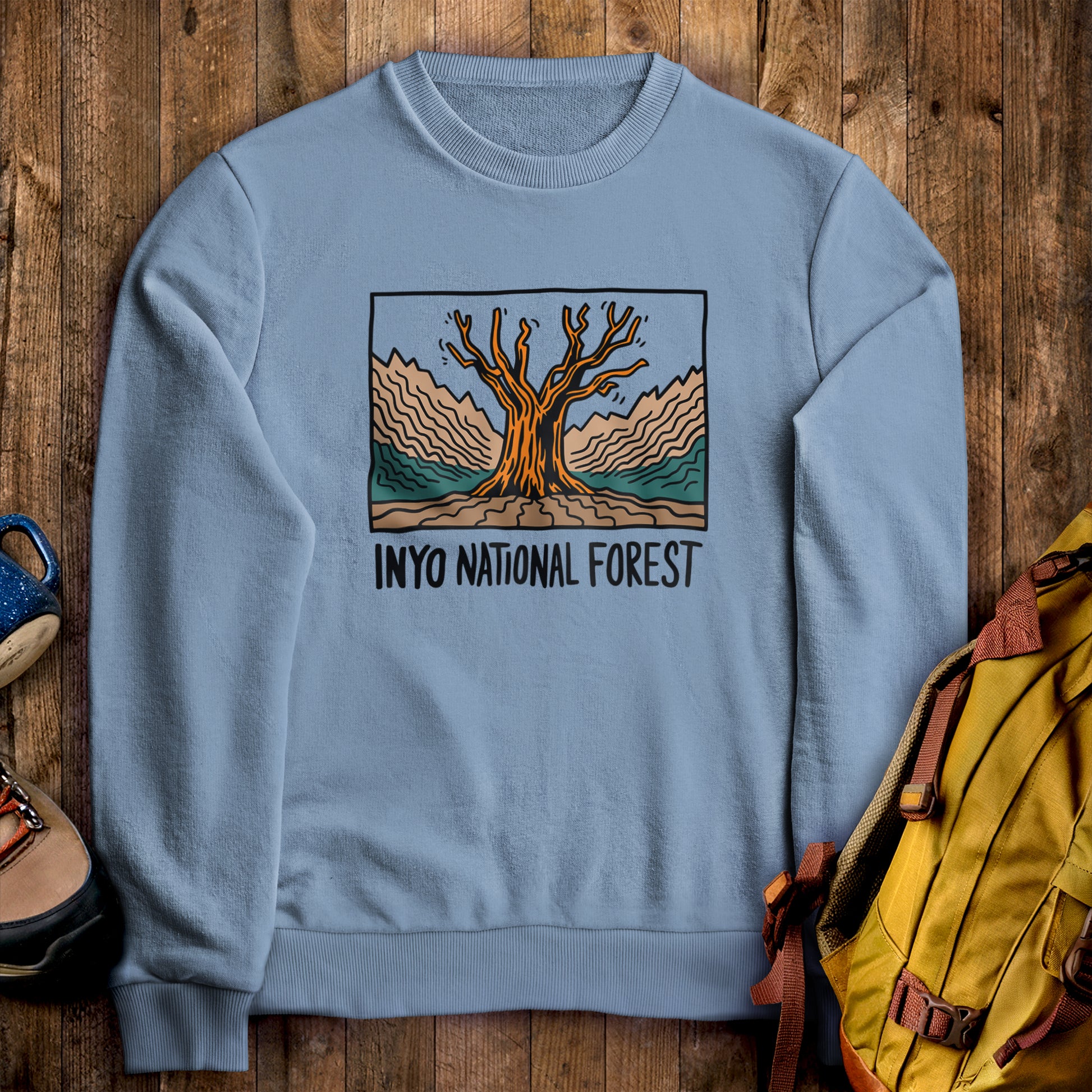 Inyo National Forest Crewneck Sweatshirt Stone Blue Adventure and Outdoors Themed Sweatshirt