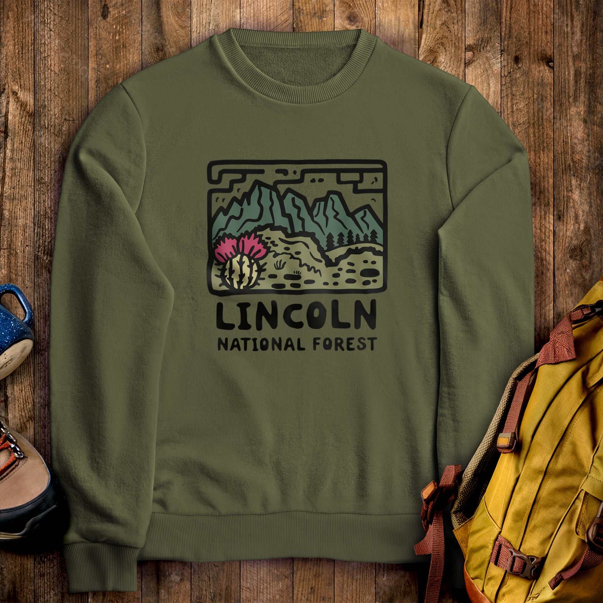 Lincoln National Forest Crewneck Sweatshirt Military Green Adventure and Outdoors Themed Sweatshirt