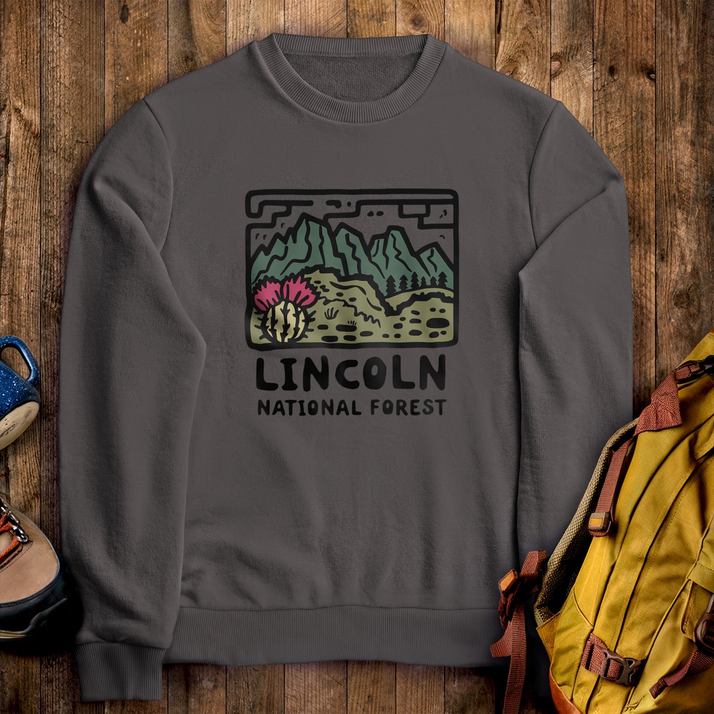 Lincoln National Forest Crewneck Sweatshirt Charcoal Adventure and Outdoors Themed Sweatshirt
