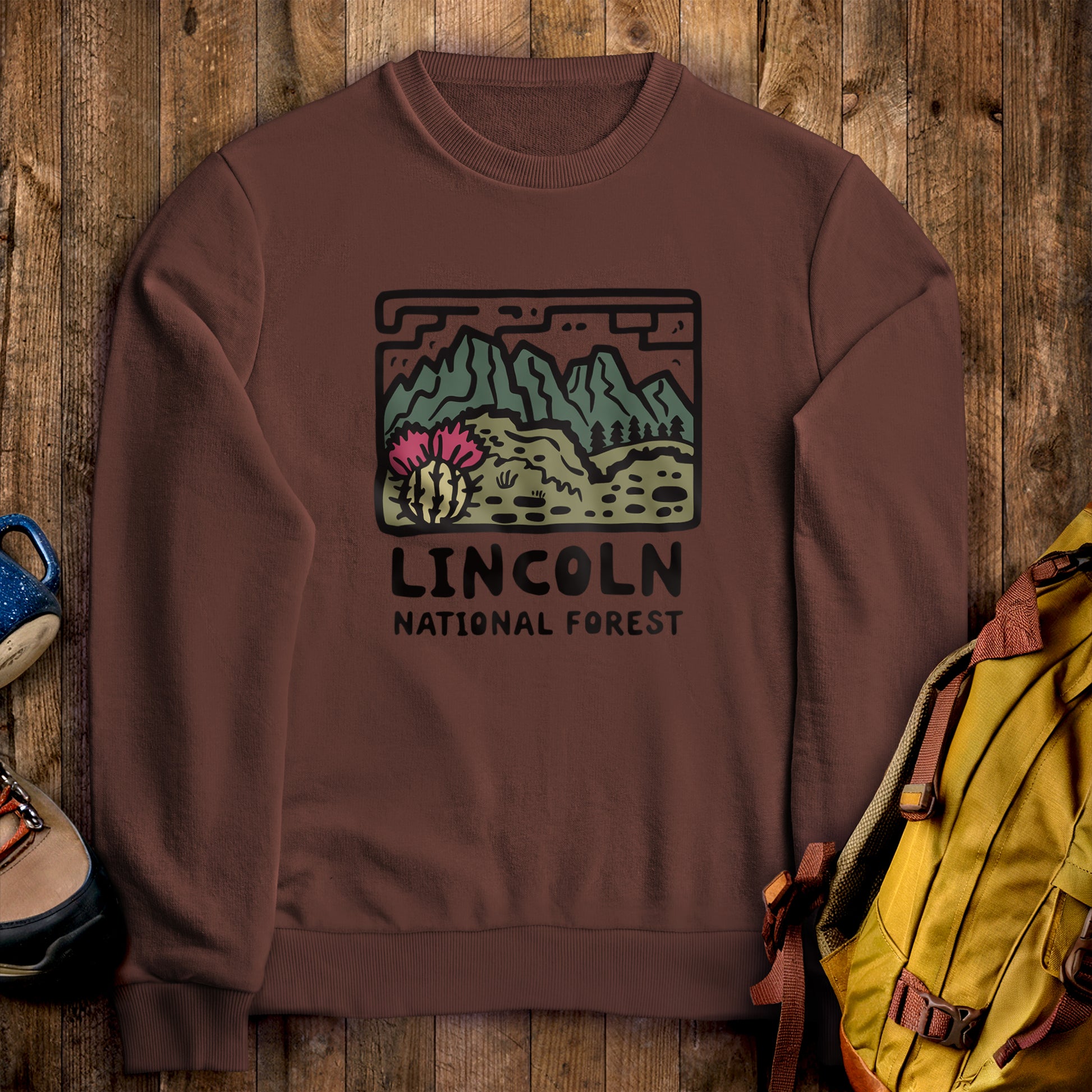 Lincoln National Forest Crewneck Sweatshirt Cocoa Adventure and Outdoors Themed Sweatshirt