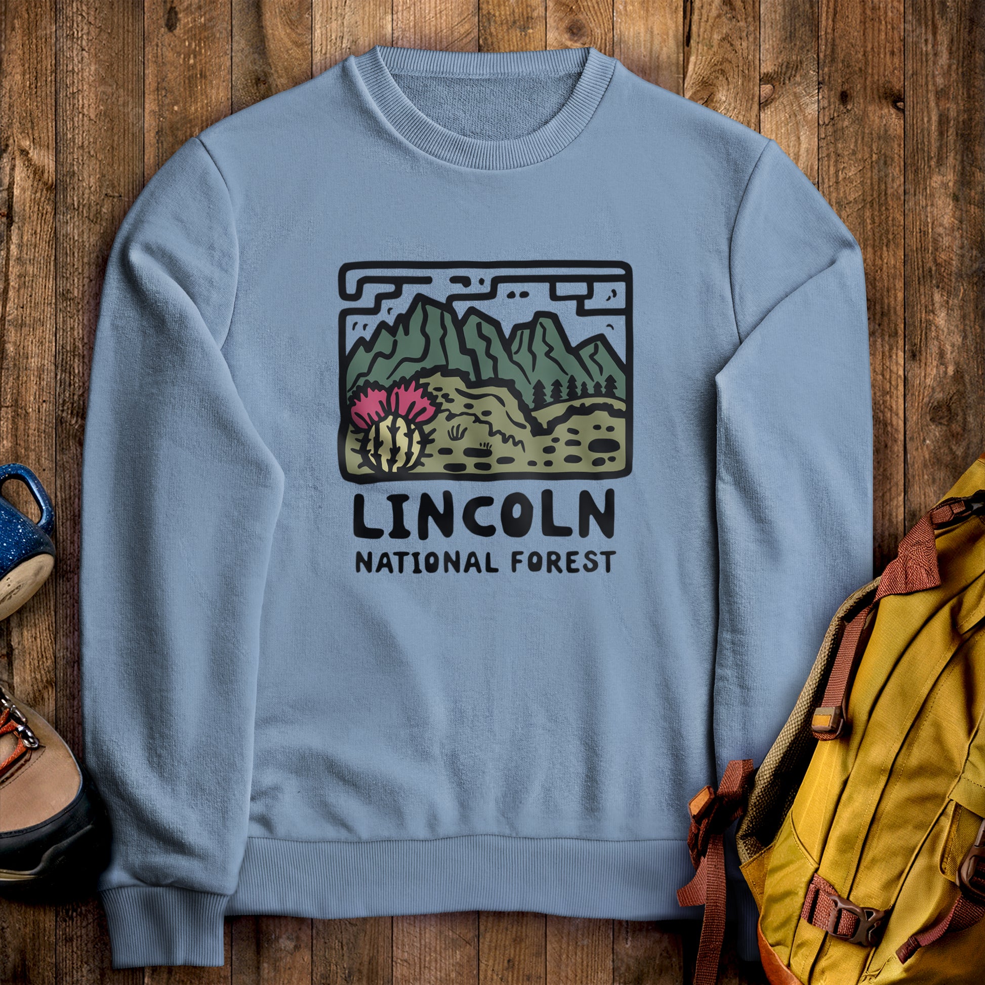 Lincoln National Forest Crewneck Sweatshirt Stone Blue Adventure and Outdoors Themed Sweatshirt