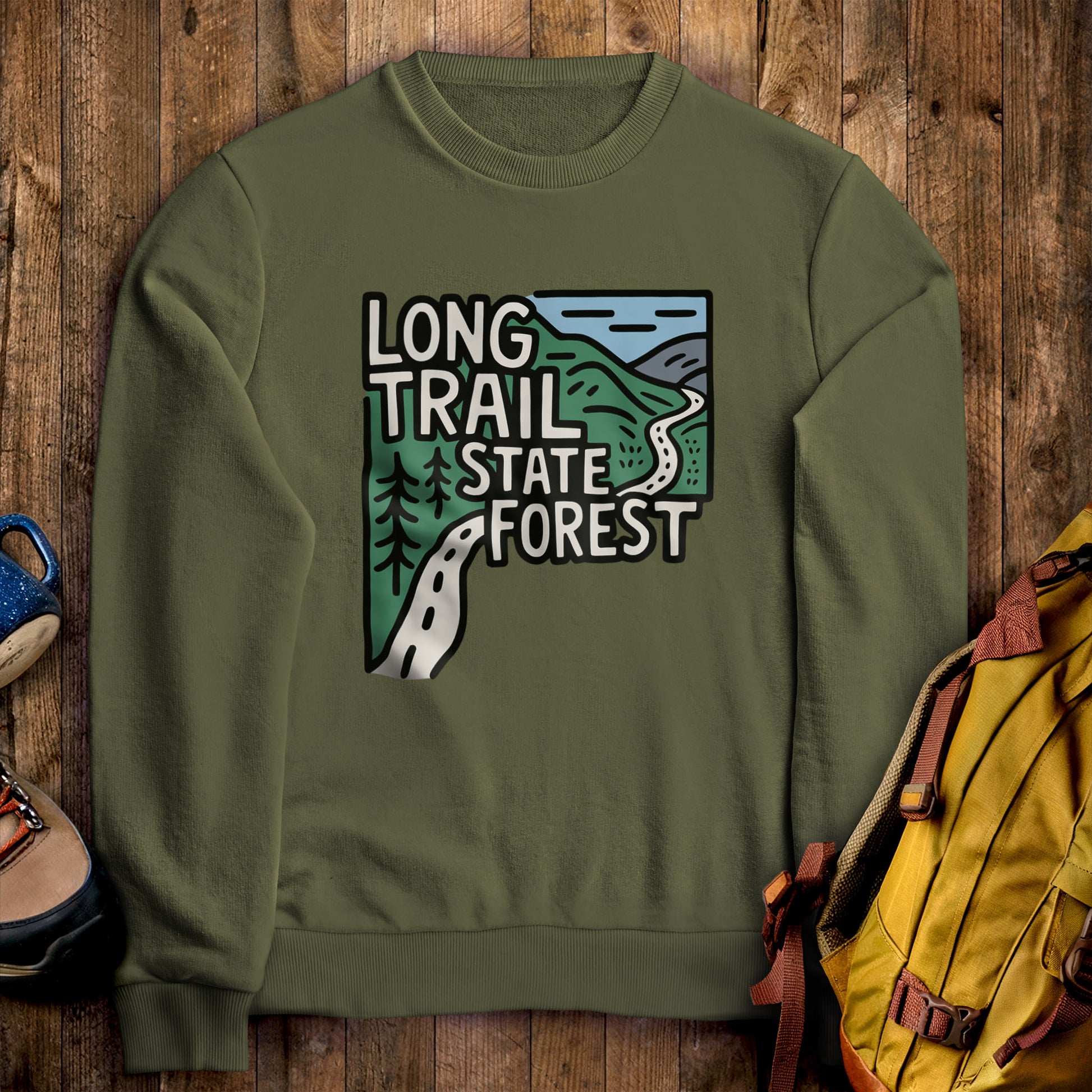 Long Trail State Forest Crewneck Sweatshirt Military Green Adventure and Outdoors Themed Sweatshirt