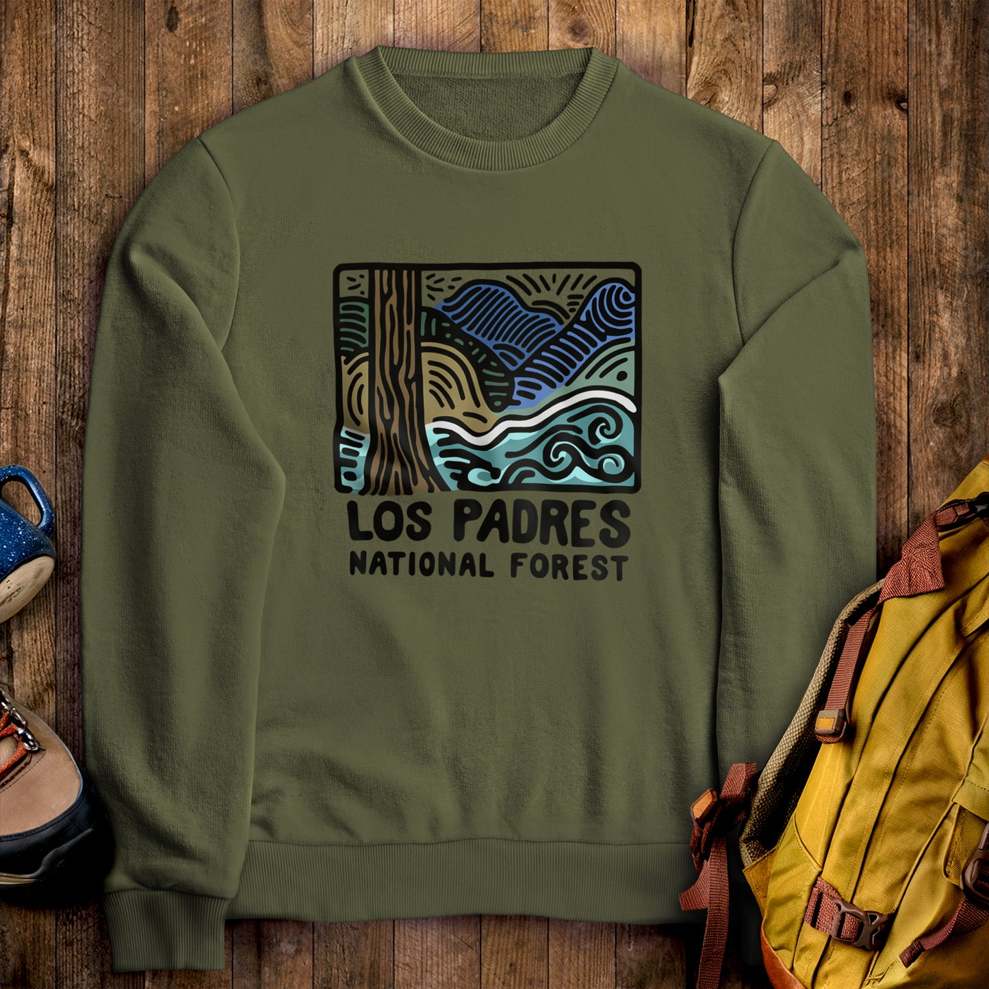 Los Padres National Forest Crewneck Sweatshirt Military Green Adventure and Outdoors Themed Sweatshirt