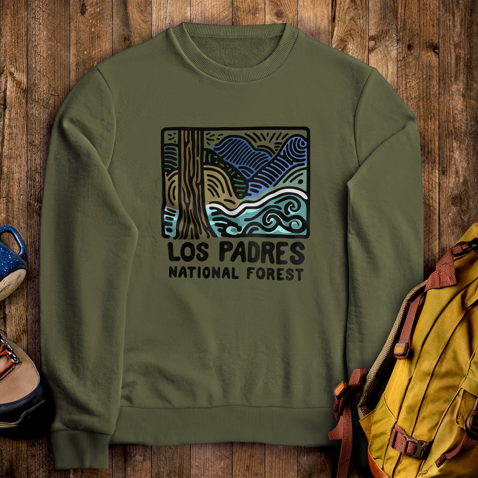 Los Padres National Forest Crewneck Sweatshirt Military Green Adventure and Outdoors Themed Sweatshirt
