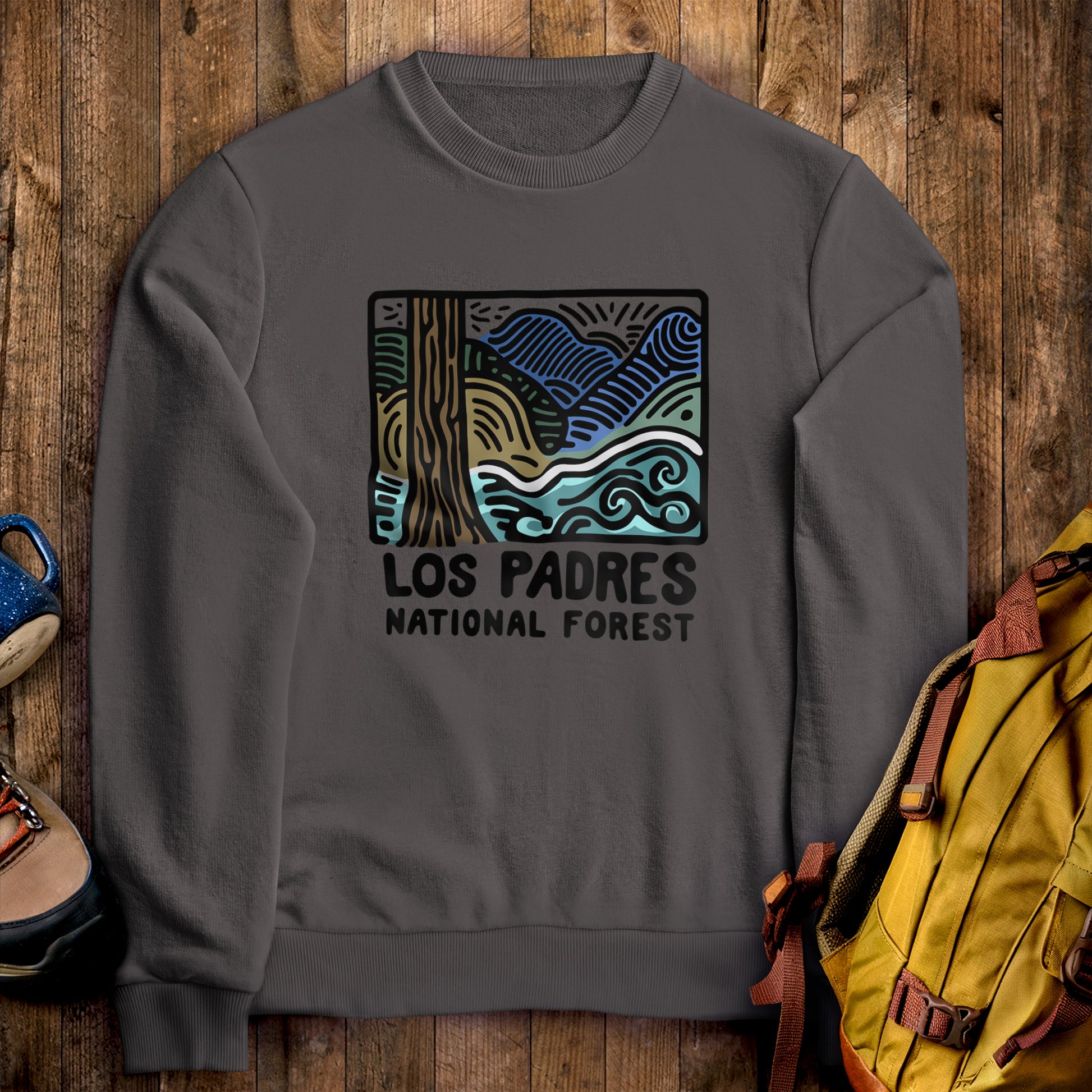 Los Padres National Forest Crewneck Sweatshirt Charcoal Adventure and Outdoors Themed Sweatshirt
