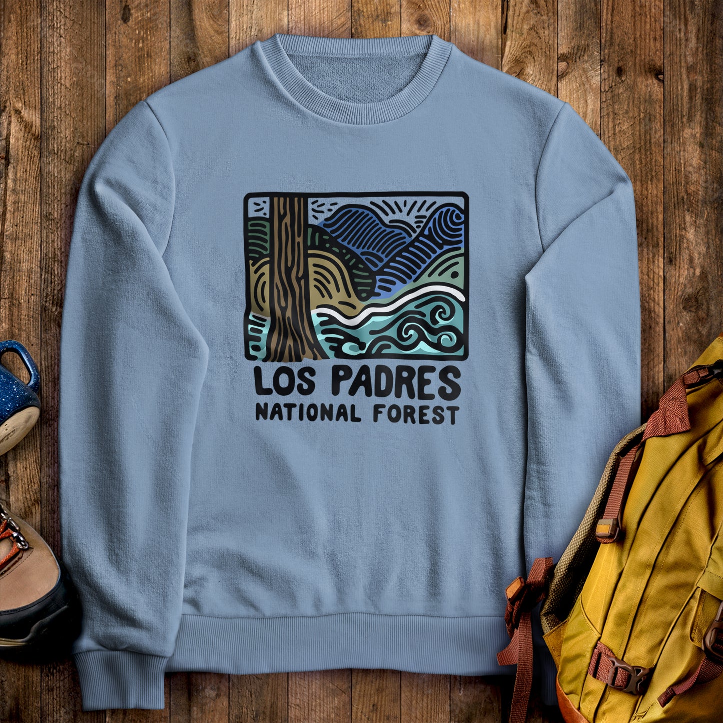Los Padres National Forest Crewneck Sweatshirt Stone Blue Adventure and Outdoors Themed Sweatshirt