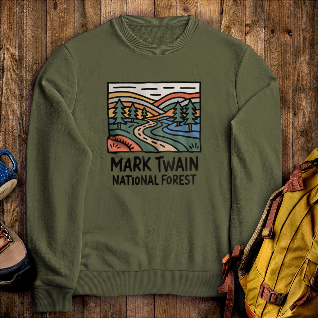 Mark Twain National Forest Crewneck Sweatshirt Military Green Adventure and Outdoors Themed Sweatshirt