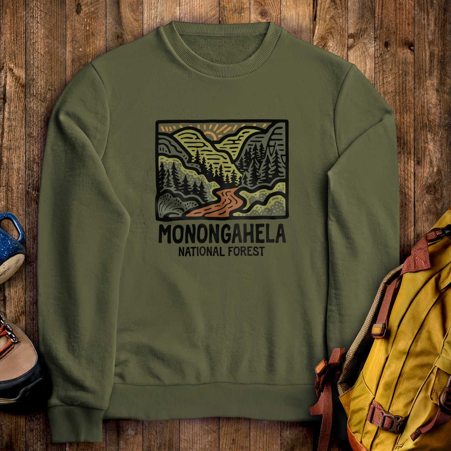 Monongahela National Forest Crewneck Sweatshirt Military Green Adventure and Outdoors Themed Sweatshirt