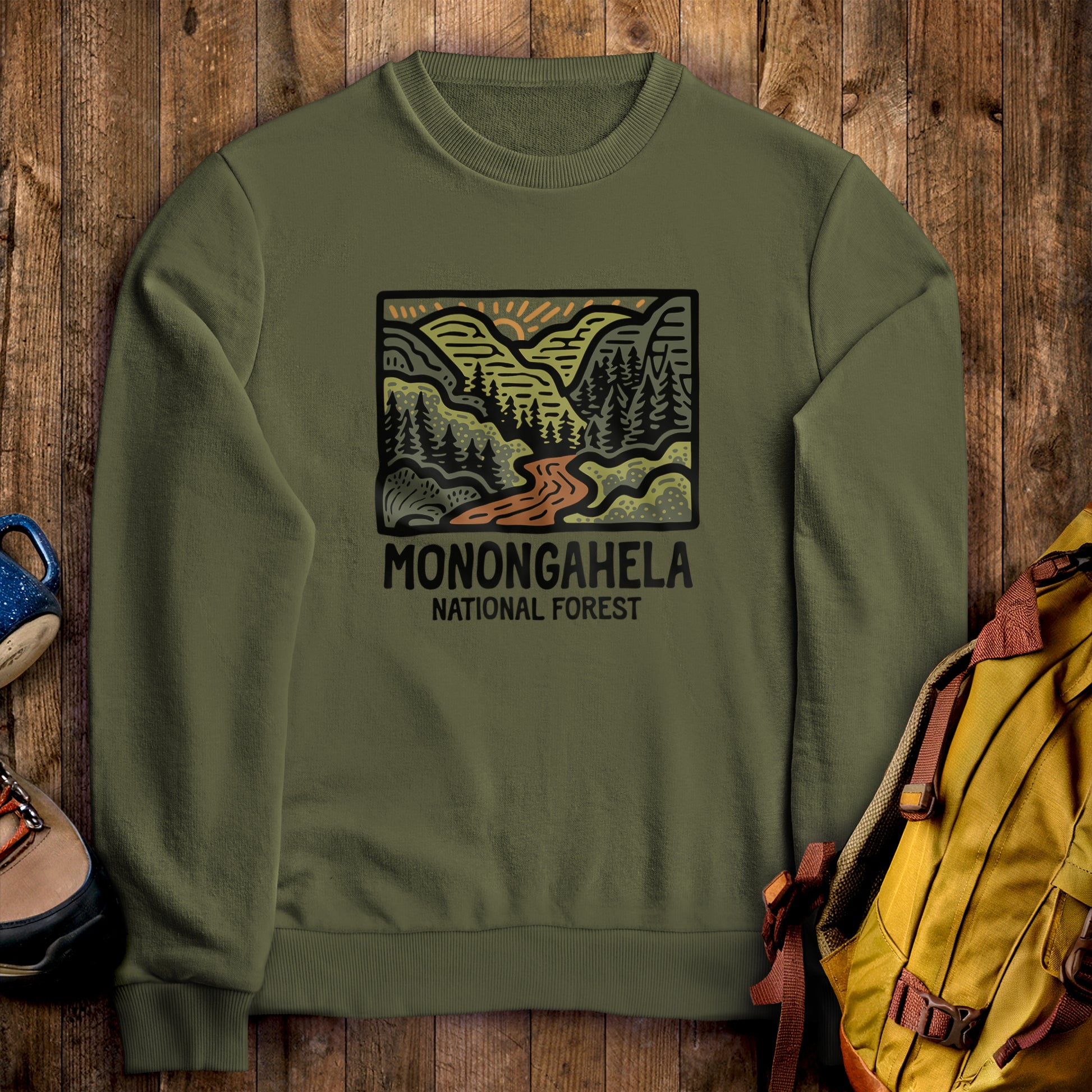 Monongahela National Forest Crewneck Sweatshirt Military Green Adventure and Outdoors Themed Sweatshirt
