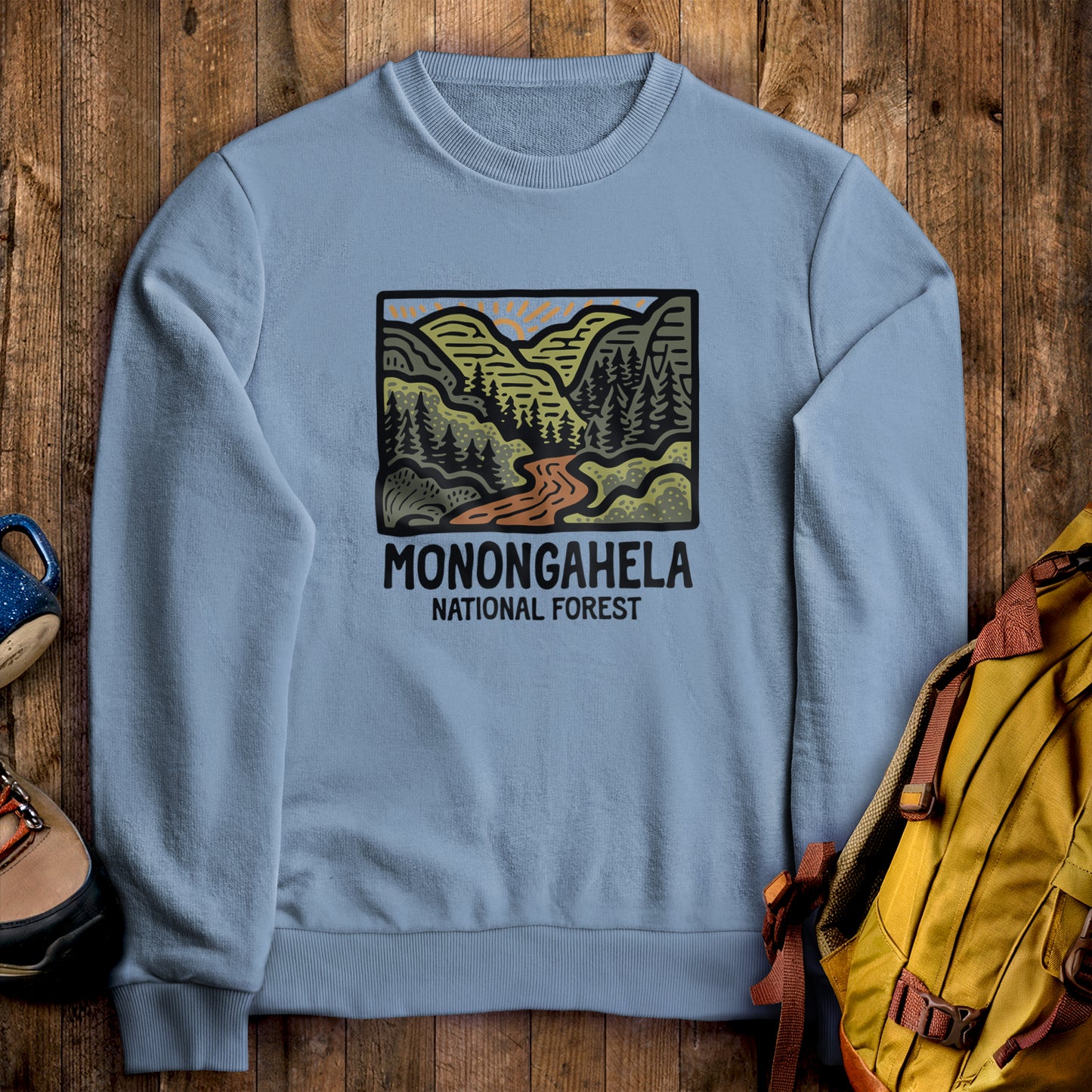 Monongahela National Forest Crewneck Sweatshirt Stone Blue Adventure and Outdoors Themed Sweatshirt
