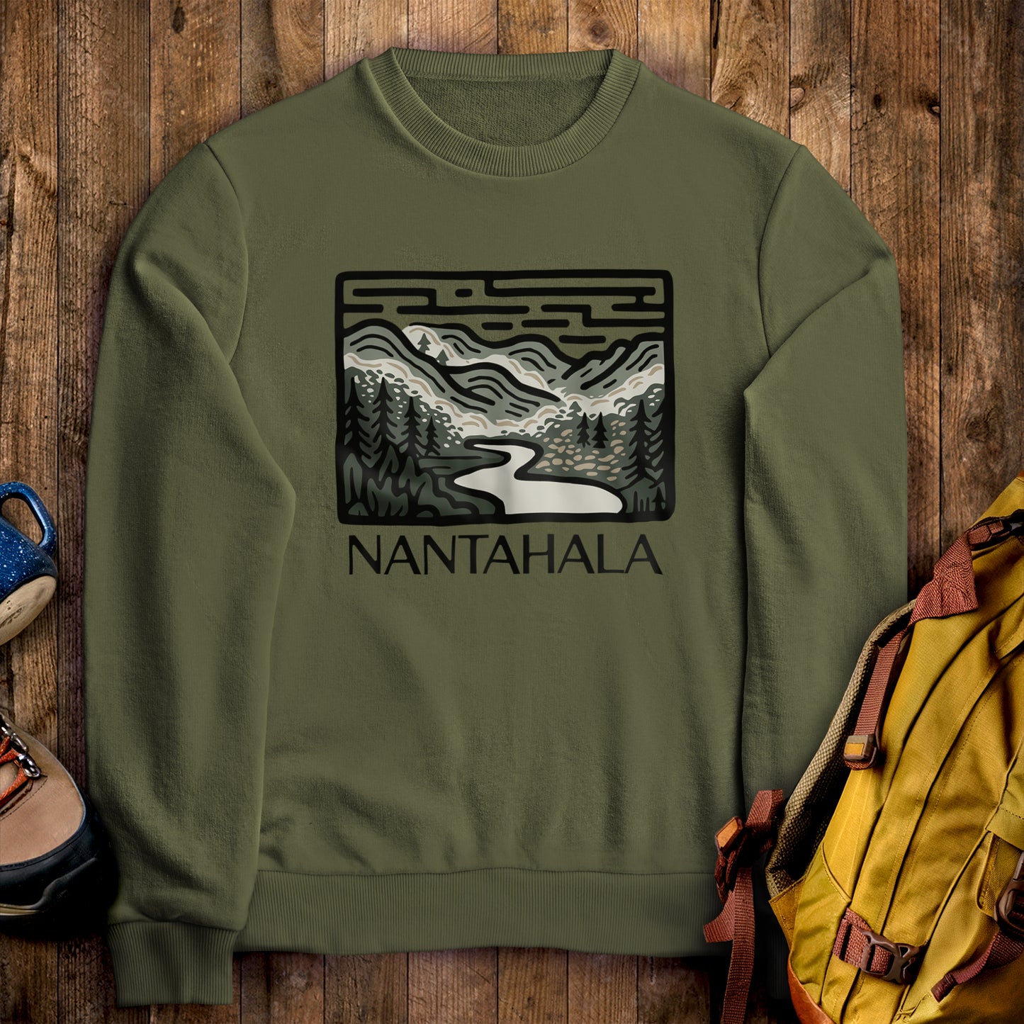 Nantahala National Forest Crewneck Sweatshirt Military Green Adventure and Outdoors Themed Sweatshirt