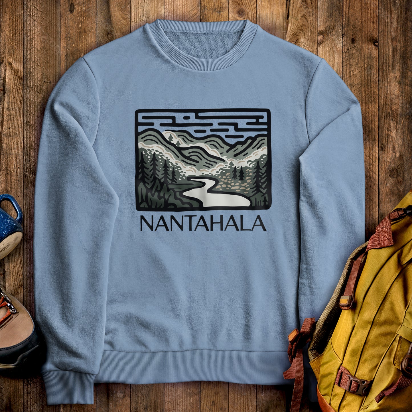 Nantahala National Forest Crewneck Sweatshirt Stone Blue Adventure and Outdoors Themed Sweatshirt