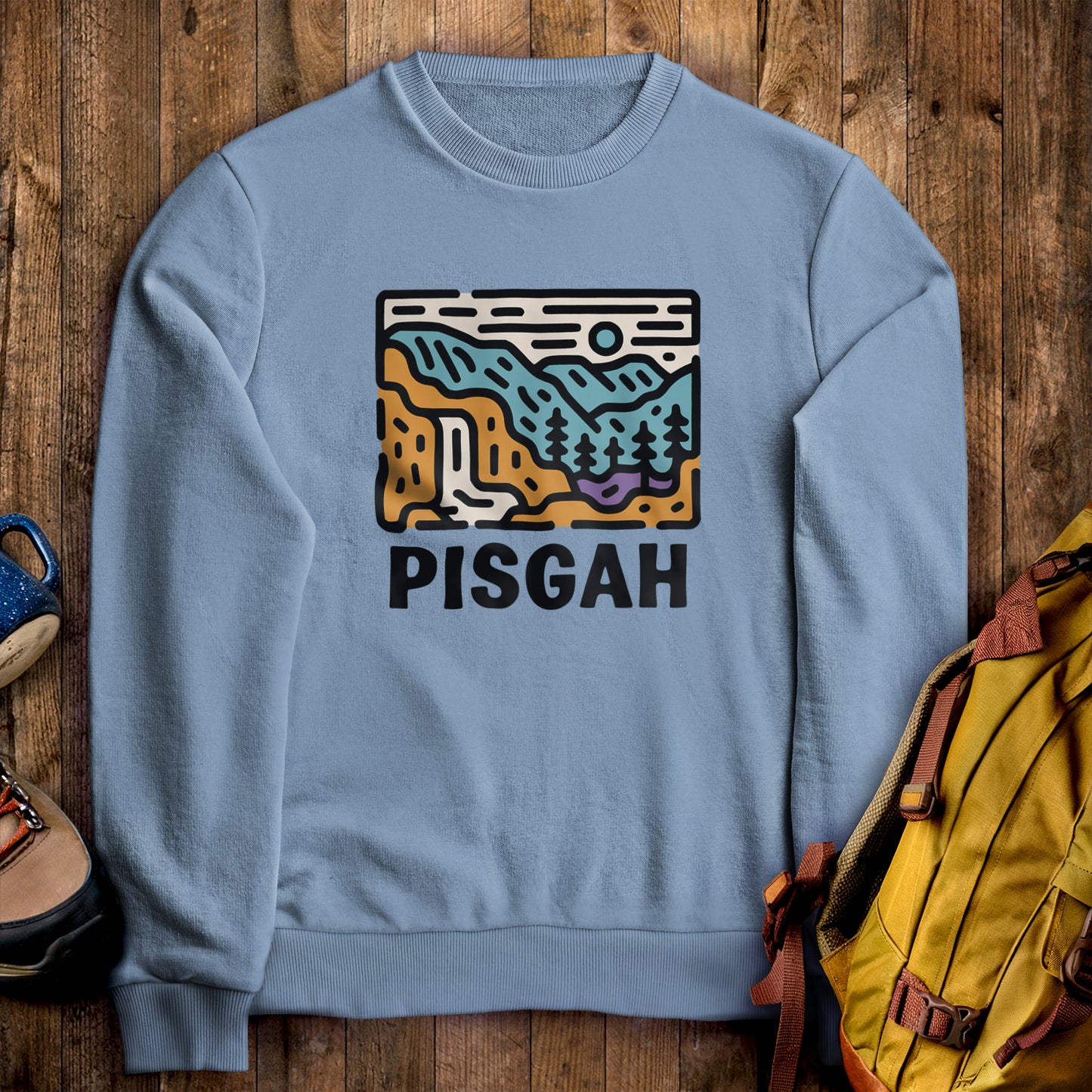 Pisgah National Forest Crewneck Sweatshirt Stone Blue Adventure and Outdoors Themed Sweatshirt