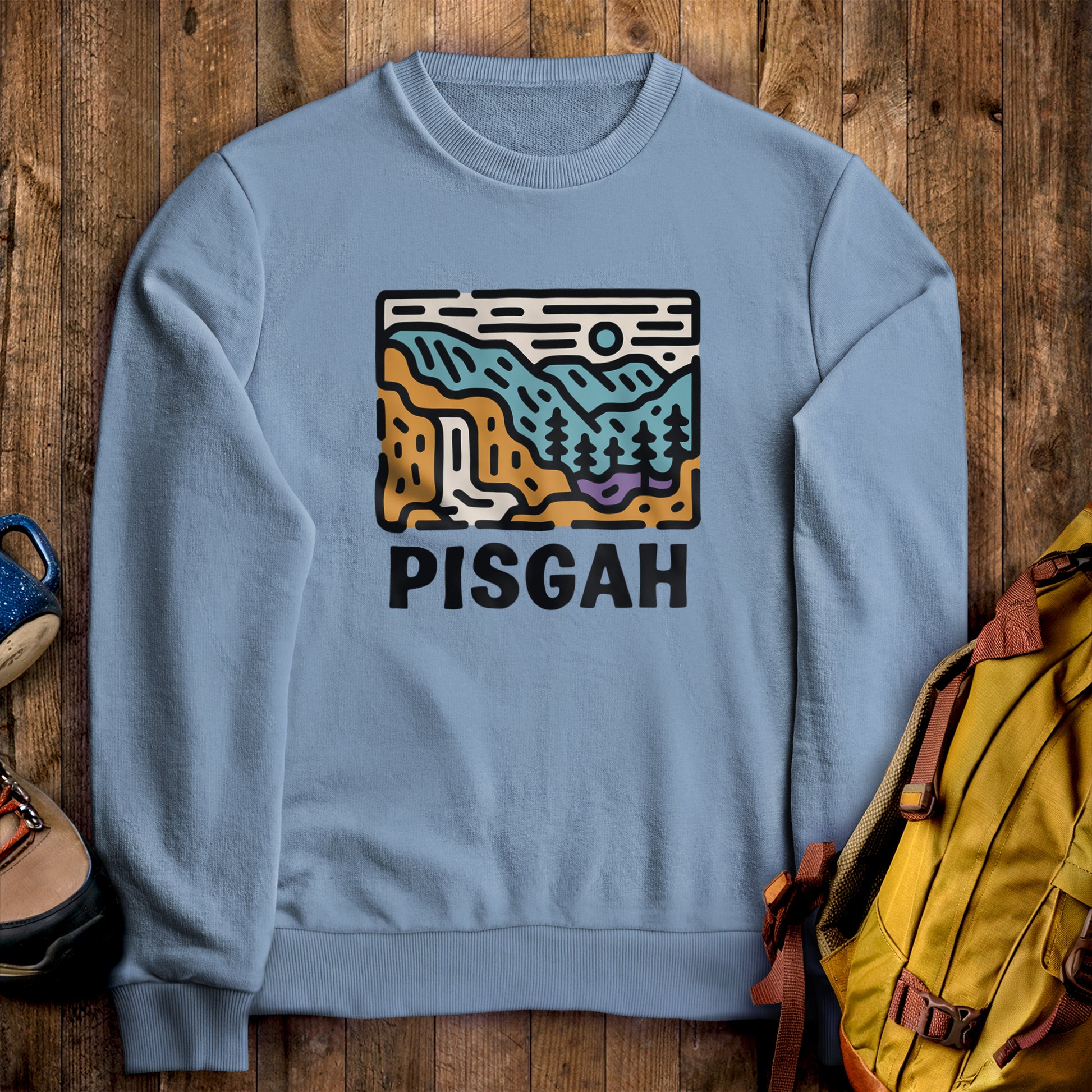 Pisgah National Forest Crewneck Sweatshirt Stone Blue Adventure and Outdoors Themed Sweatshirt