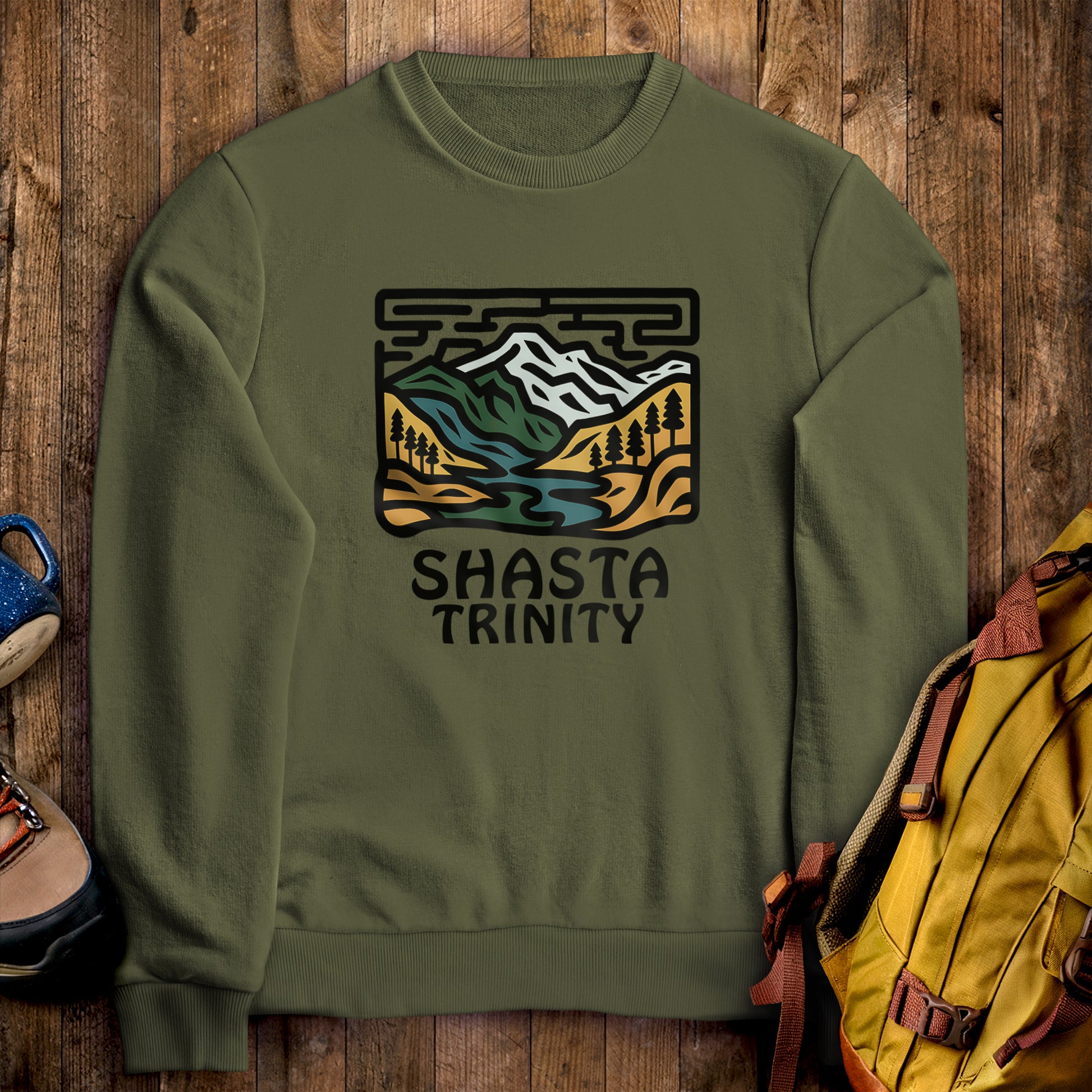 Shasta-Trinity National Forest Crewneck Sweatshirt Military Green Adventure and Outdoors Themed Sweatshirt