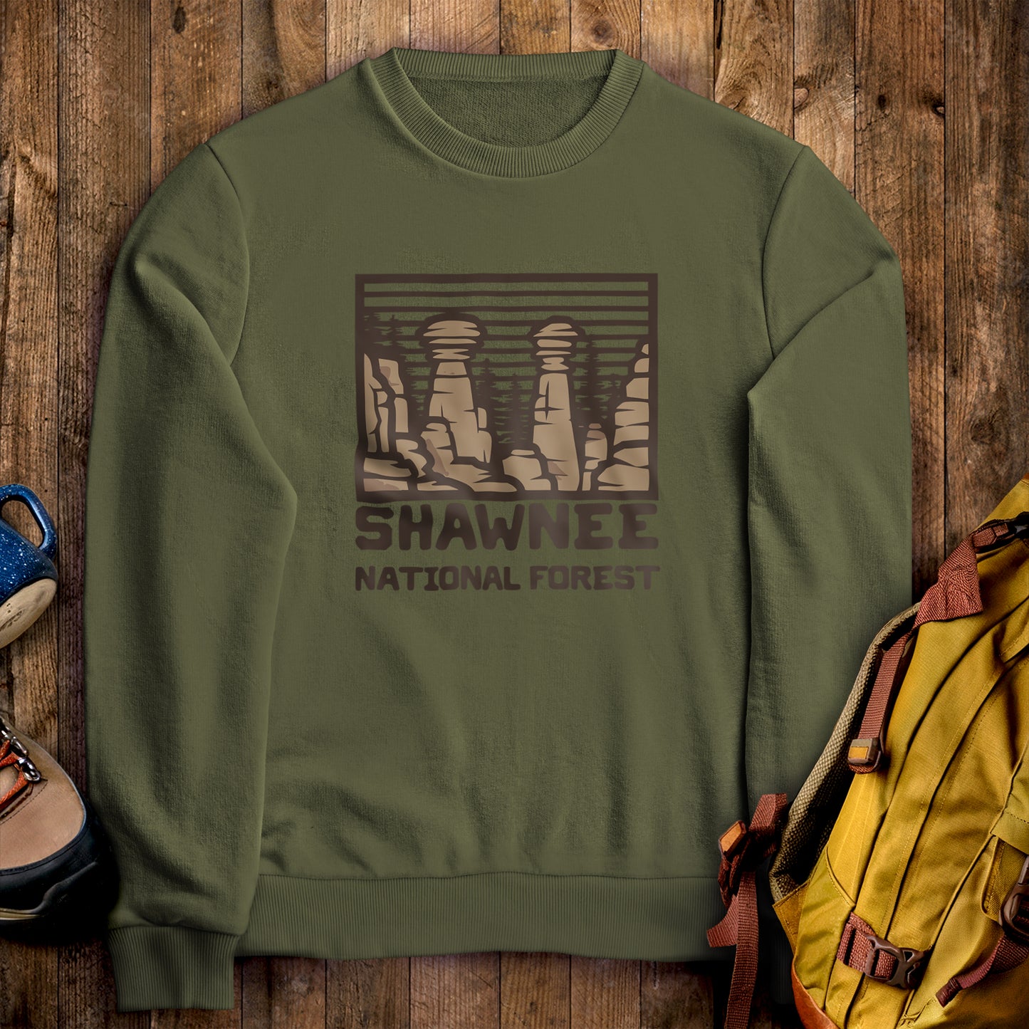Shawnee National Forest Crewneck Sweatshirt Military Green Adventure and Outdoors Themed Sweatshirt