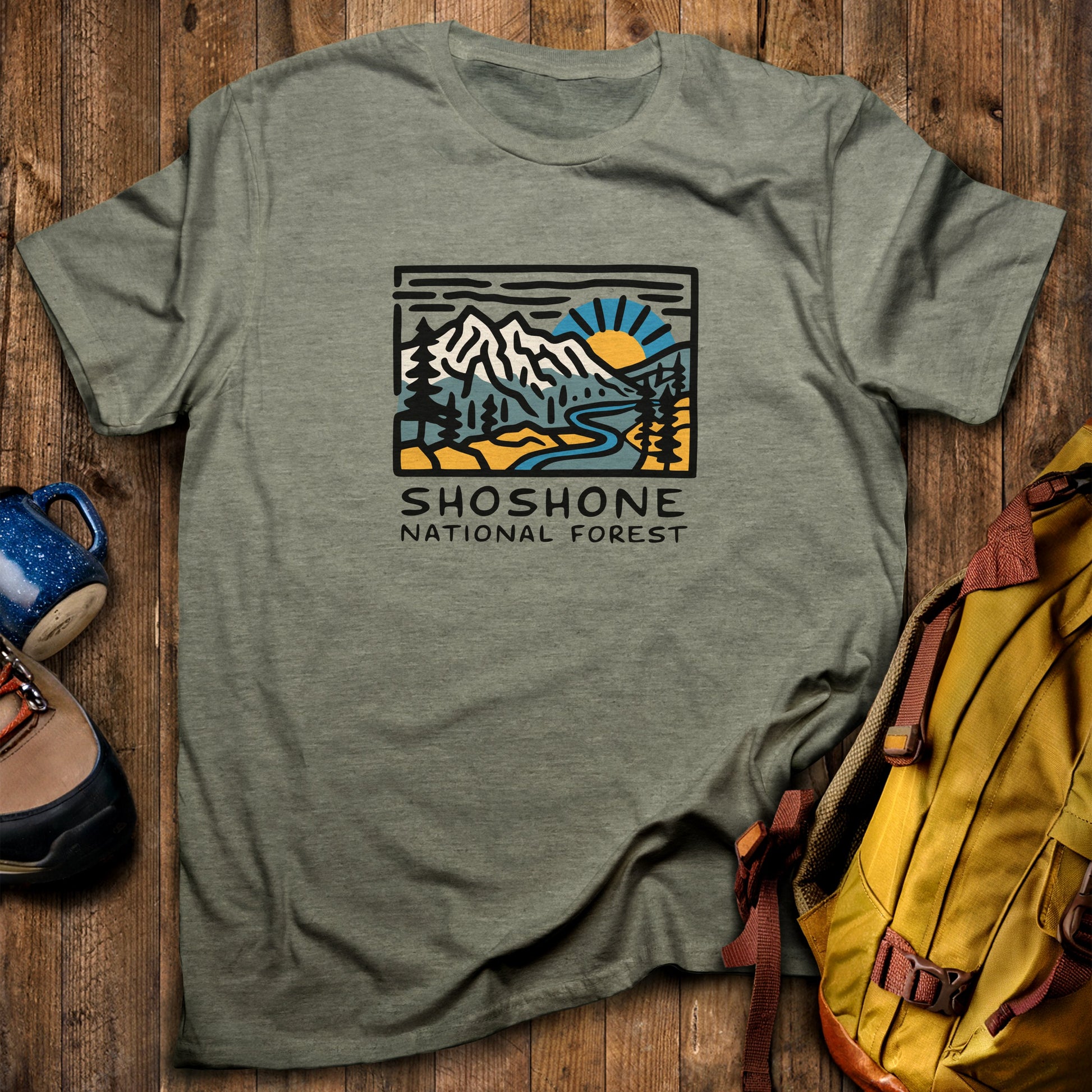 Shoshone National Forest T-Shirt Heather Military Green Adventure and Outdoors Themed T-Shirt