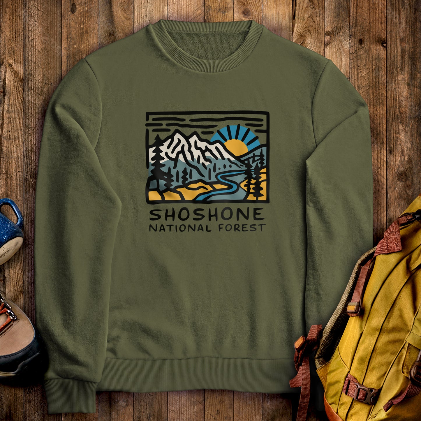 Shoshone National Forest Crewneck Sweatshirt Military Green Adventure and Outdoors Themed Sweatshirt