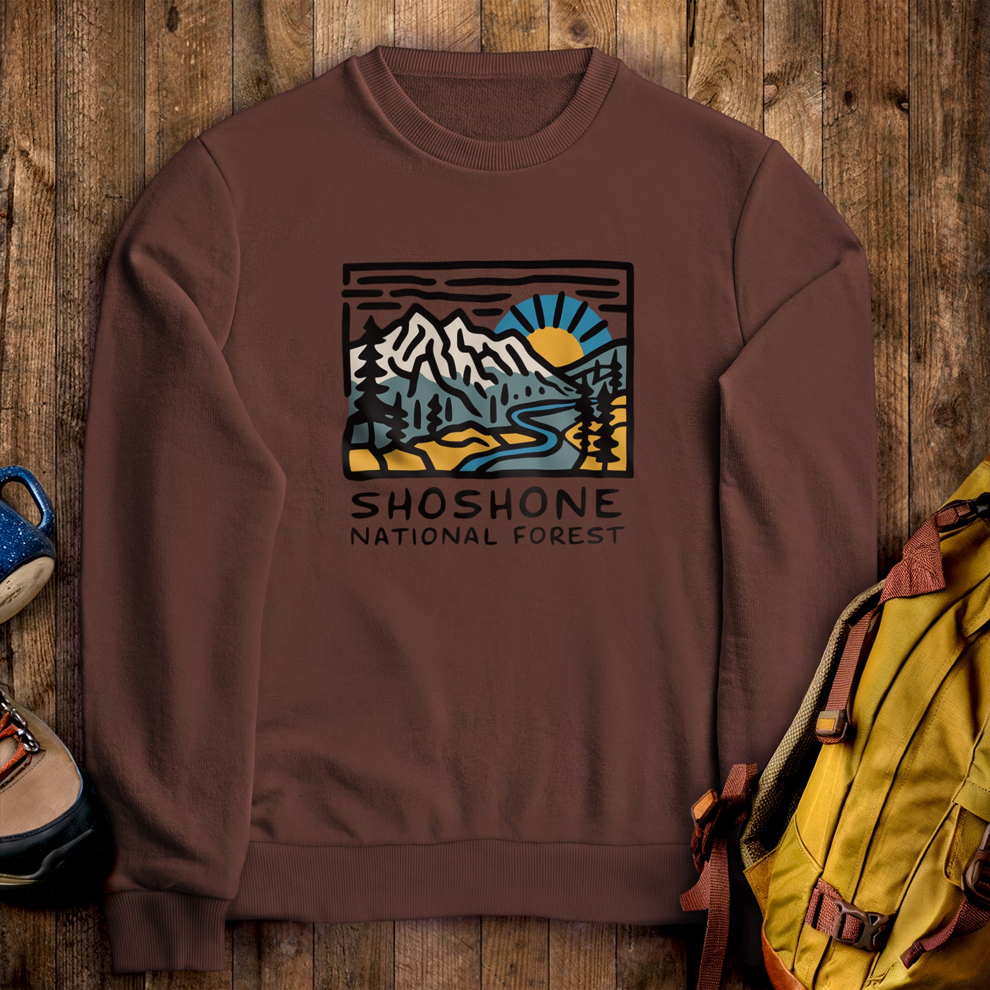 Shoshone National Forest Crewneck Sweatshirt Cocoa Adventure and Outdoors Themed Sweatshirt