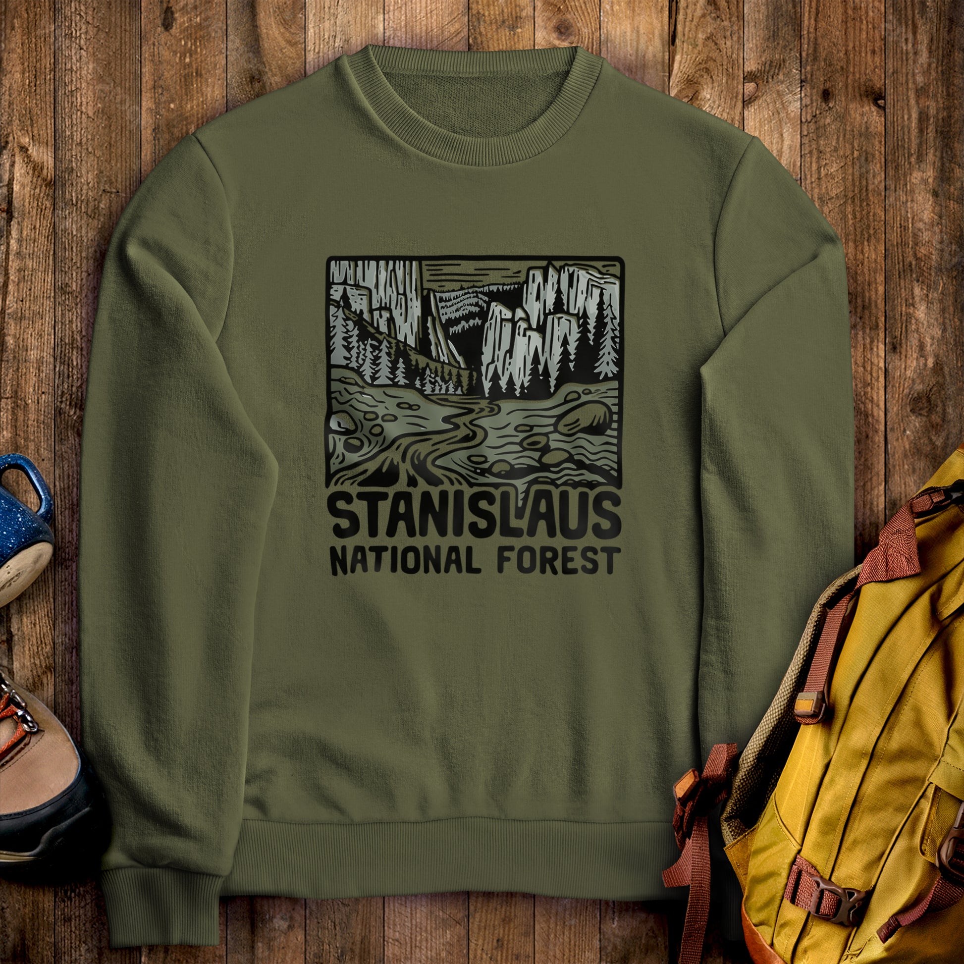 Stanislaus National Forest Crewneck Sweatshirt Military Green Adventure and Outdoors Themed Sweatshirt