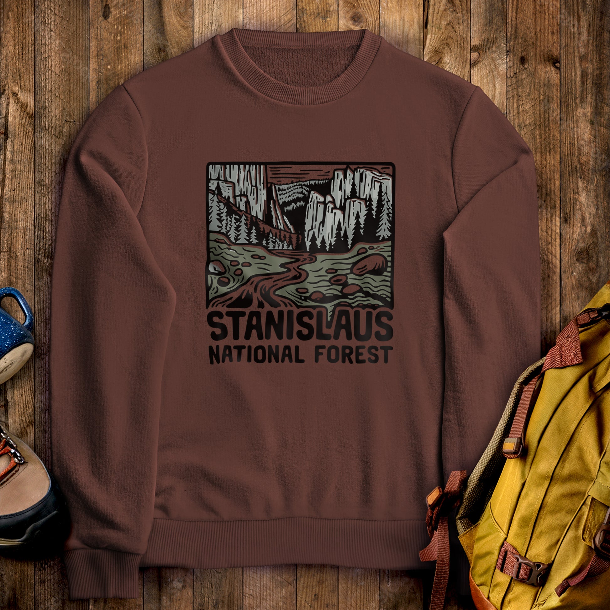 Stanislaus National Forest Crewneck Sweatshirt Cocoa Adventure and Outdoors Themed Sweatshirt